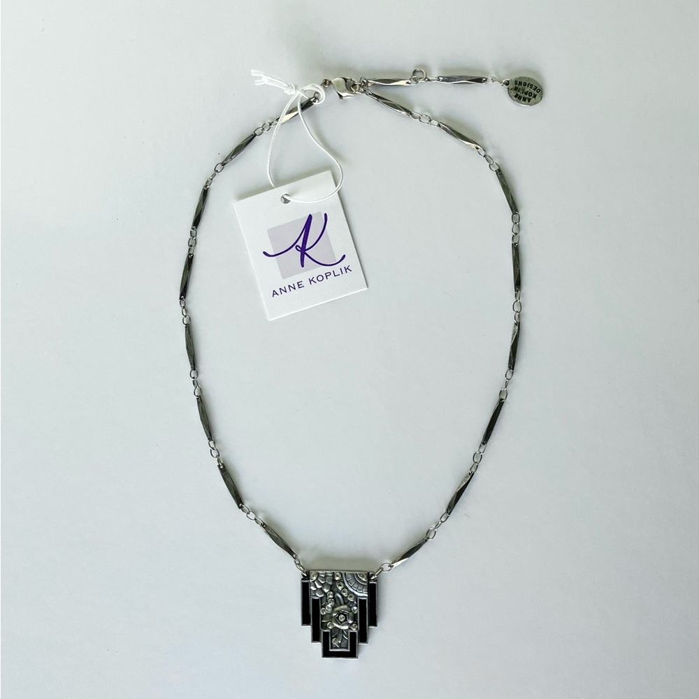 Anne Koplik Designs Art Deco Black/Crystal Pendant Necklace, 16-18”, NWT